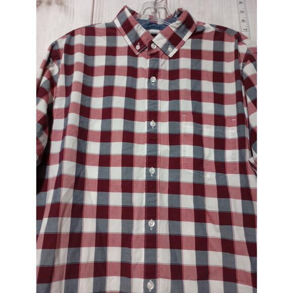 Express Shirt Mens Large Red White Gray Plaid Button Down Slim Fit Soft Wash - Picture 2 of 9